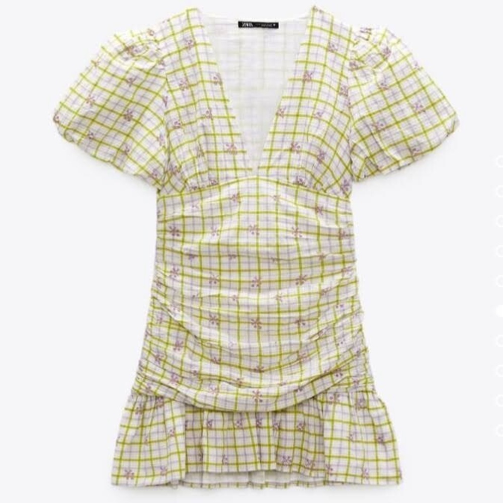 Zara Plaid & Floral Puff Sleeve Mini Dress